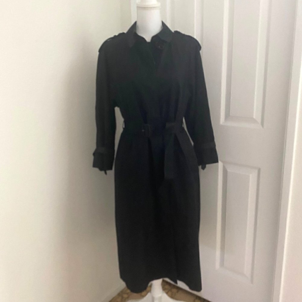 Miss Adone by Sanyo Vintage Black Trenchcoat Buckle Belt Epaulets Rain Size Sm